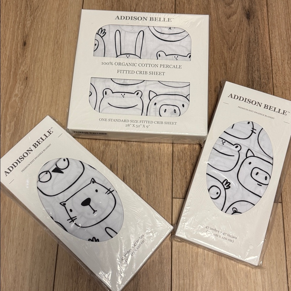 Bundle Addison Belle NWB 100% Organic Cotton Crib Sheet & 2 swaddle blankets